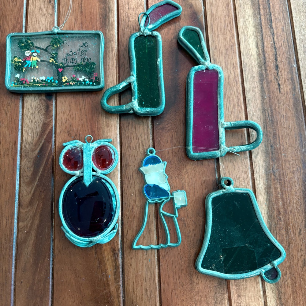 Vintage Handmade Stained Glass Holiday Ornament Lot